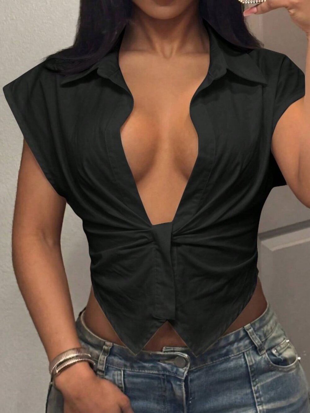Black Sexy Women's Slim Fit Asymmetrical Button Front Shirt Top